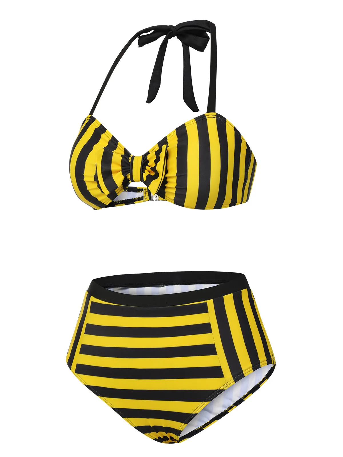 Yellow & Black 1970s Striped Bow Halter Swimsuit sold by Retro Stage product image thumbnail 3