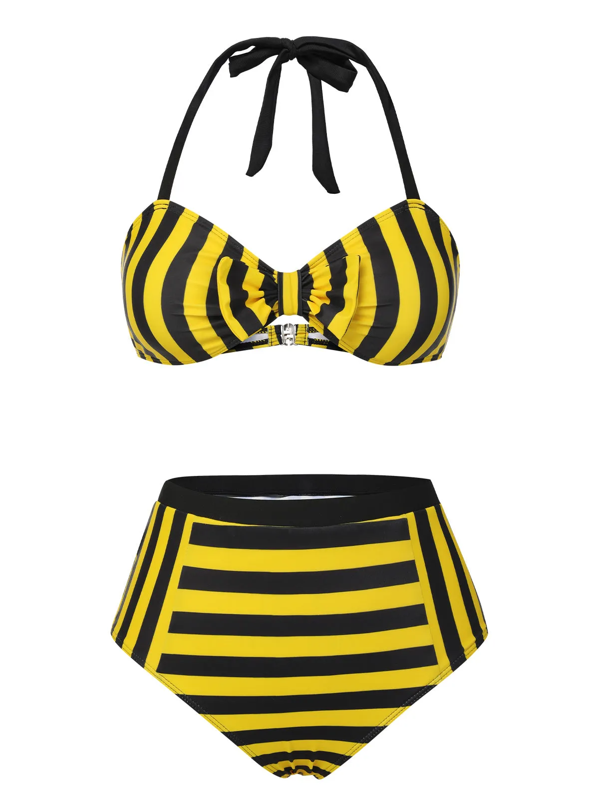 Yellow & Black 1970s Striped Bow Halter Swimsuit sold by Retro Stage product image thumbnail 2