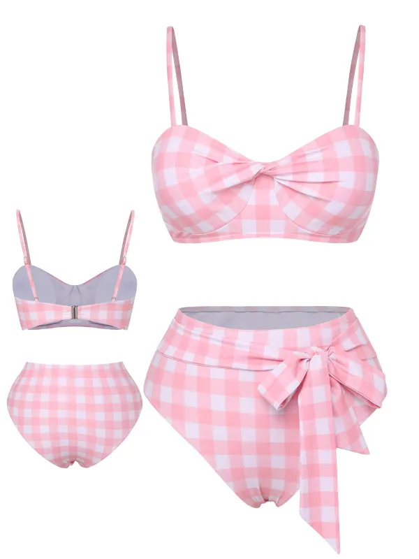Pink 1940s Spaghetti Strap Plaid Bow Swimsuit sold by Retro Stage