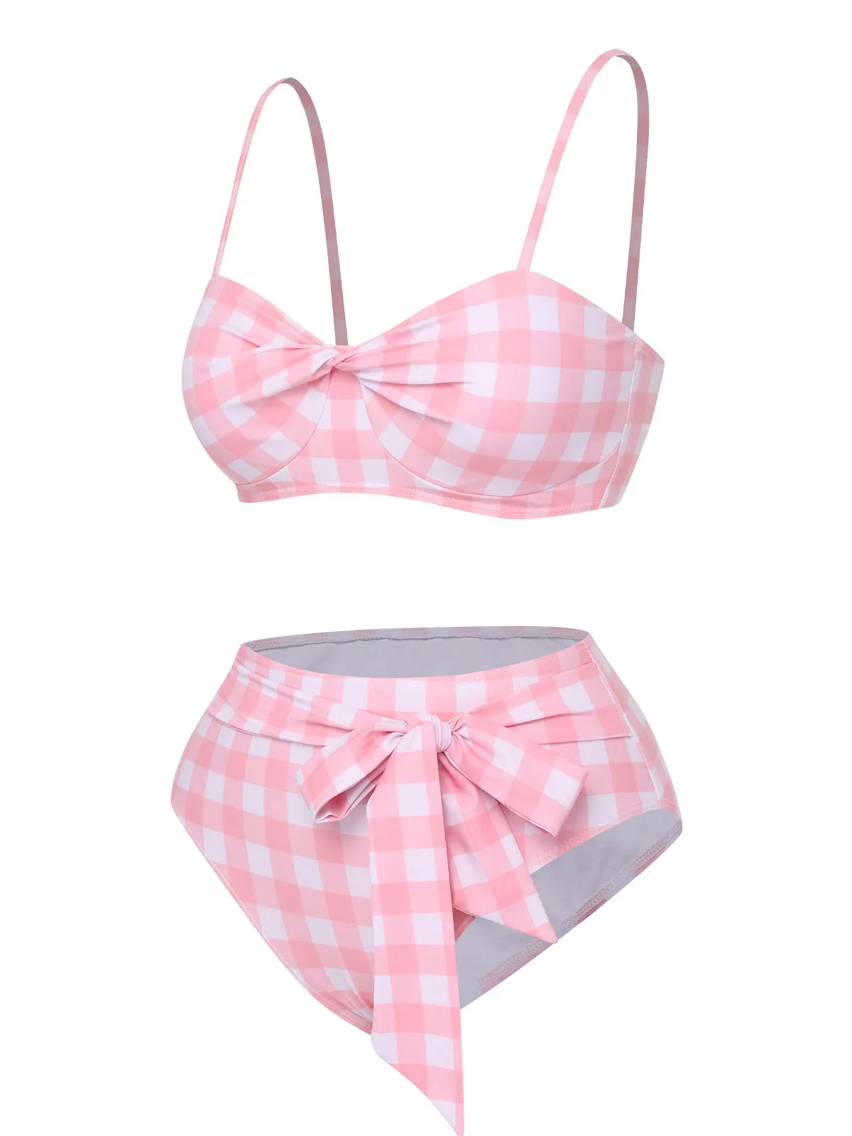 Pink 1940s Spaghetti Strap Plaid Bow Swimsuit sold by Retro Stage product image thumbnail 3