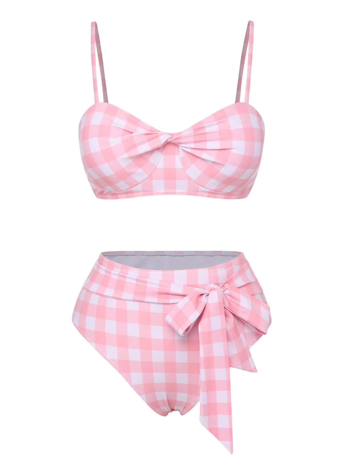 Pink 1940s Spaghetti Strap Plaid Bow Swimsuit sold by Retro Stage product image thumbnail 2
