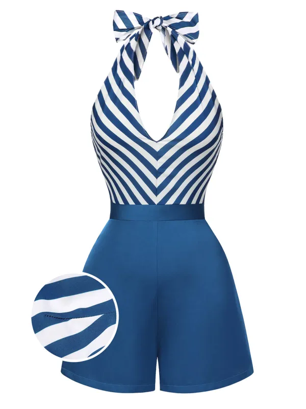 Blue 1940s Symmetrical Stripe V-Neck Halter Romper sold by Retro Stage