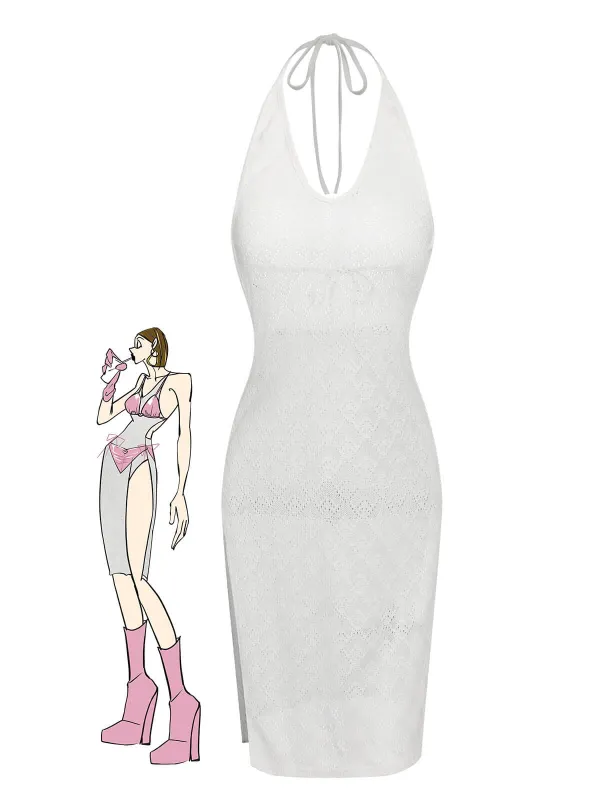 White 1960s Knitted Halter Dress Cover-Up sold by Retro Stage