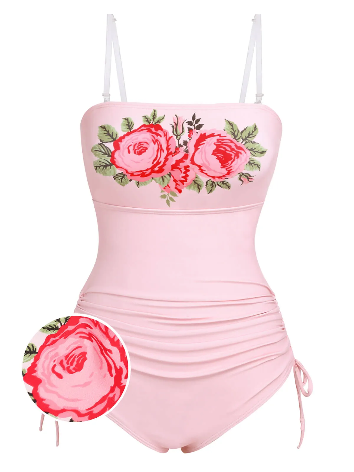 Pink 1940s Rose Strap One-piece Swimsuit sold by Retro Stage