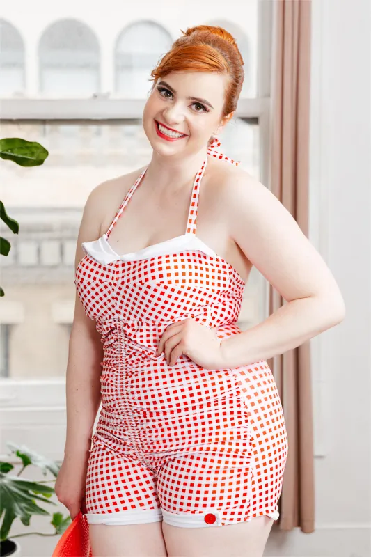 [Plus Size] Gingham 1950s Halter Bowknot One-piece Swimsuit sold by Retro Stage