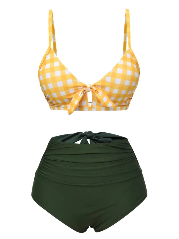 Yellow & Green 1950s Plaid Bow Bikini Set sold by Retro Stage