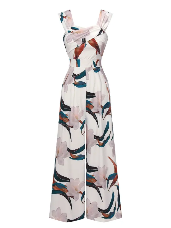 White 1960s Floral Square Neck Jumpsuit sold by Retro Stage