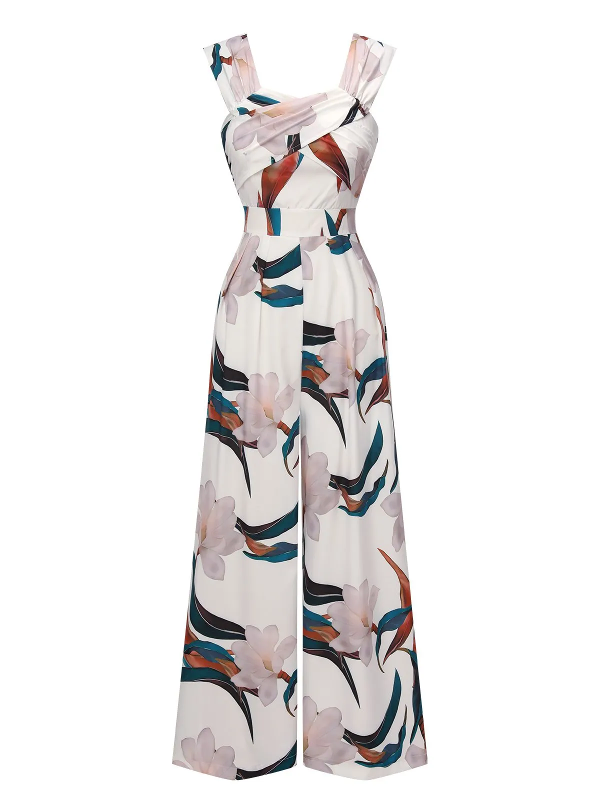 White 1960s Floral Square Neck Jumpsuit sold by Retro Stage