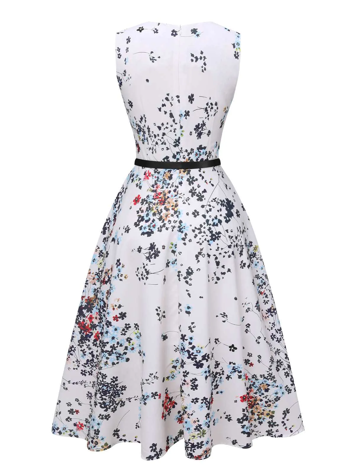 White 1940s V-Neck Floral Belted Sleeveless Dress sold by Retro Stage product image thumbnail 3