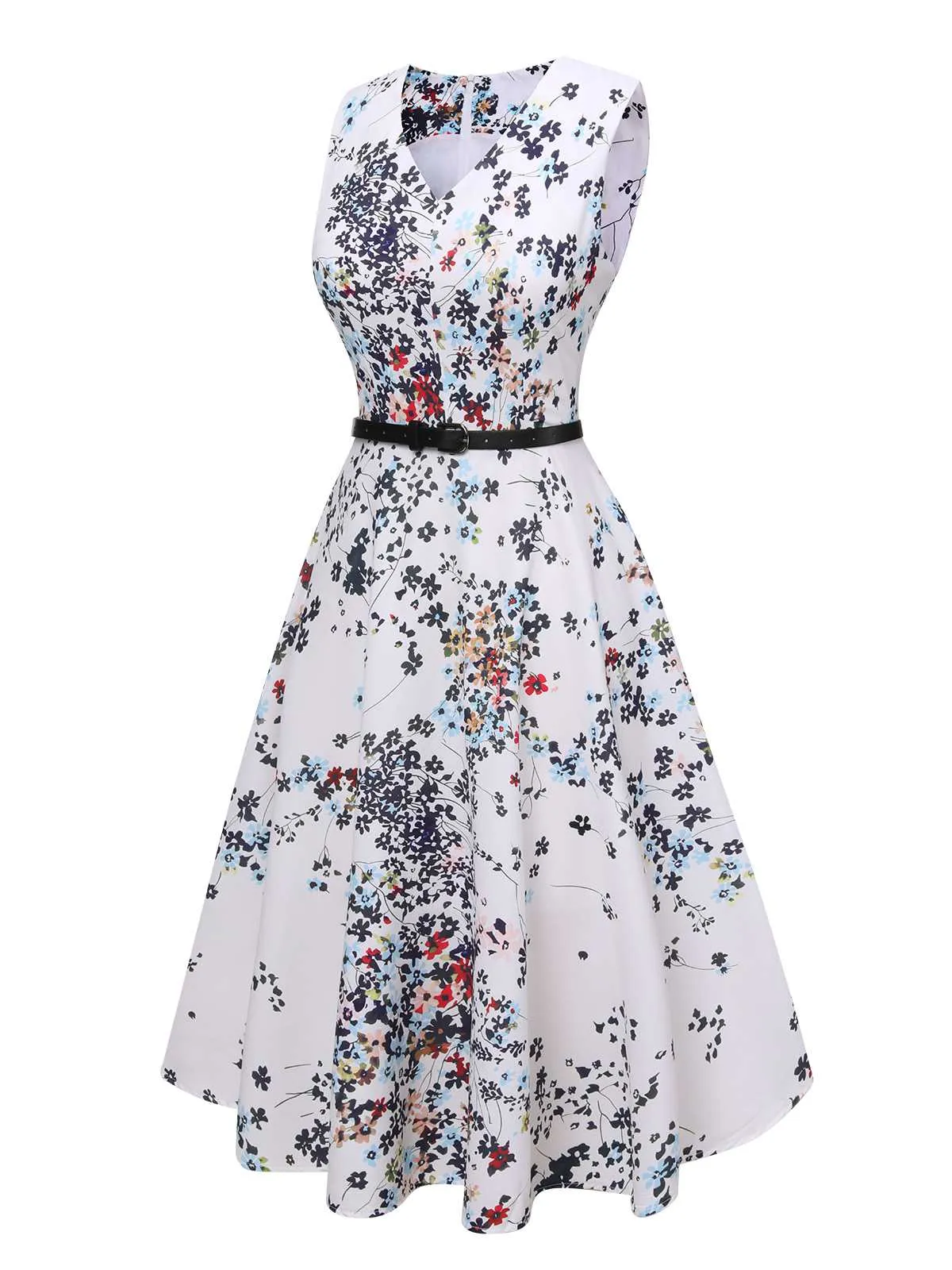 White 1940s V-Neck Floral Belted Sleeveless Dress sold by Retro Stage product image thumbnail 2