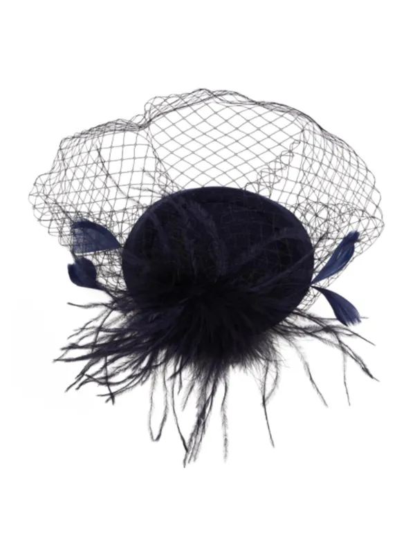 Black Faux Feather Fascinator Hat With Veil sold by Retro Stage
