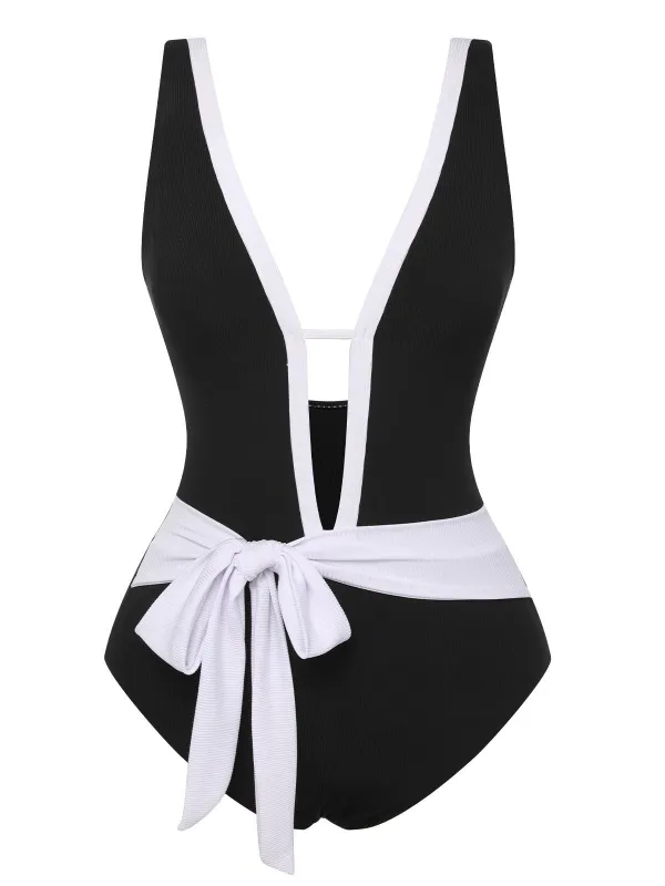 Black 1950s Deep V-Neck Waist Tie Swimsuit sold by Retro Stage