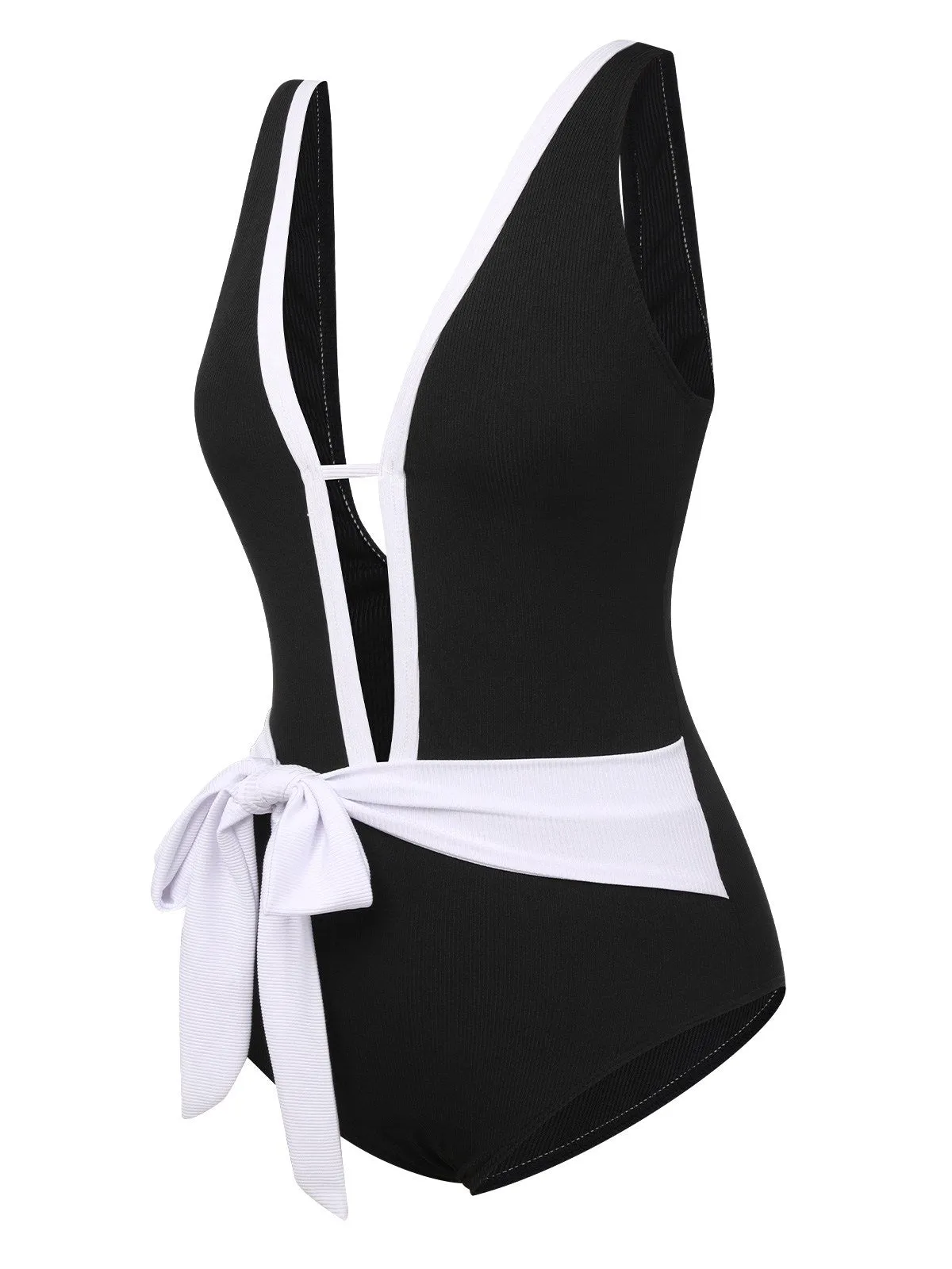 Black 1950s Deep V-Neck Waist Tie Swimsuit sold by Retro Stage product image thumbnail 2