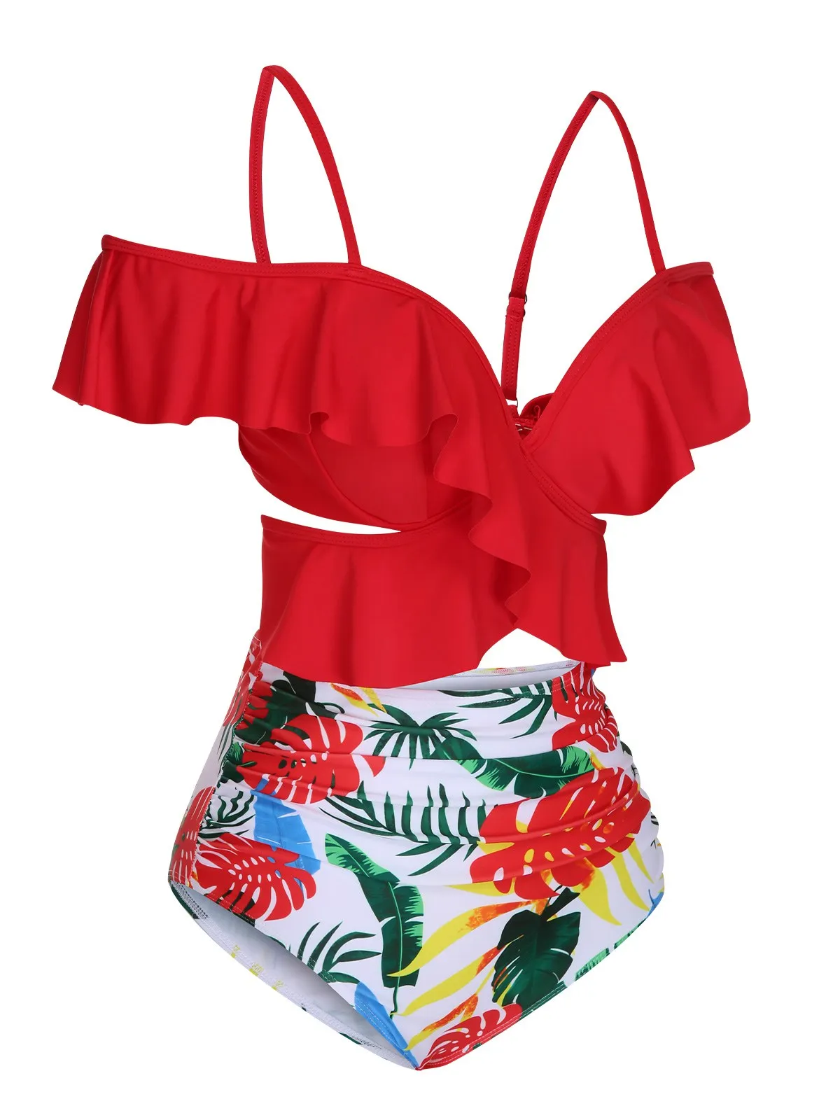 Red 1960s Ruffle Sleeves Tropical Plant Swimsuit sold by Retro Stage product image thumbnail 2