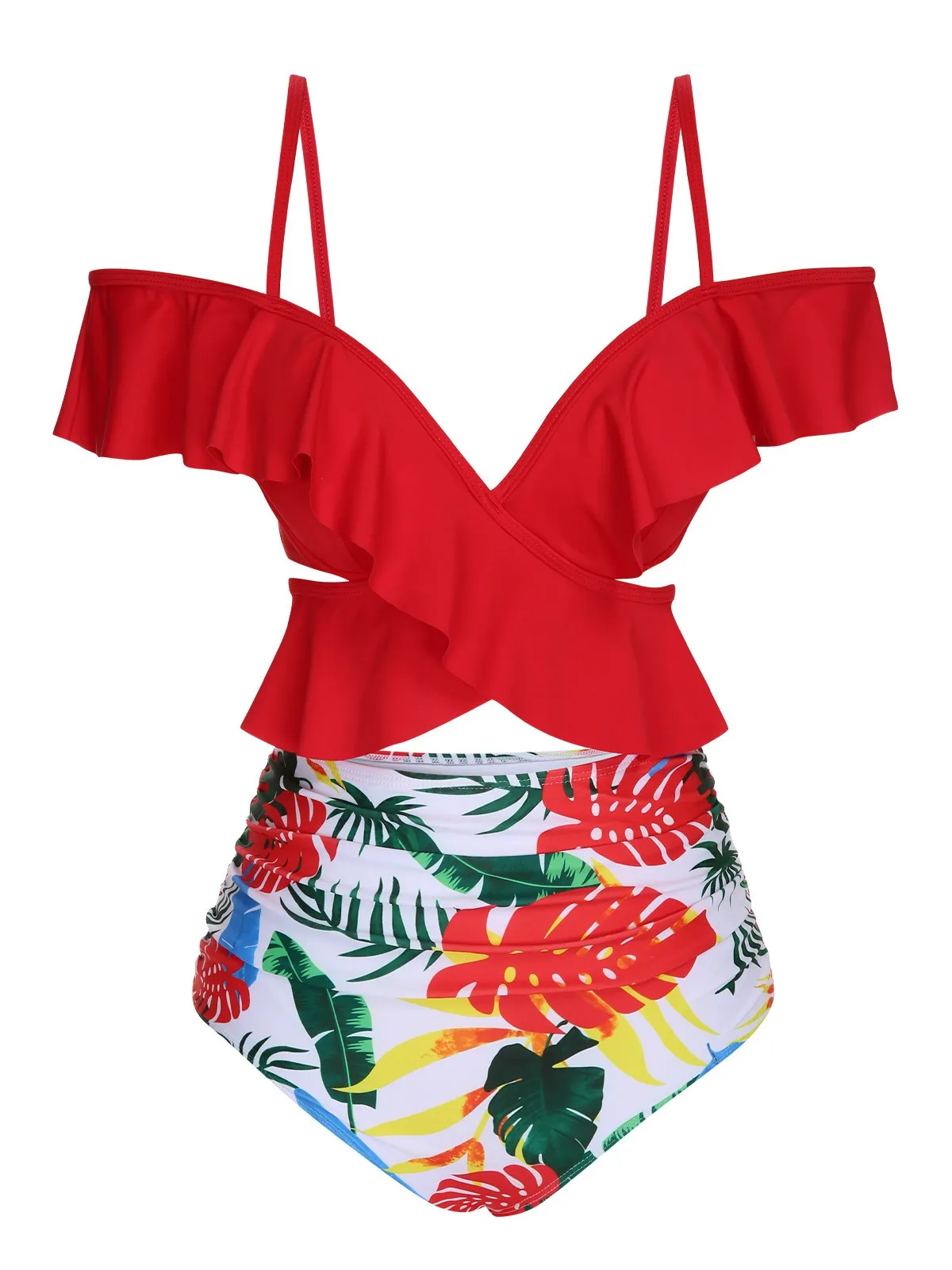 Red 1960s Ruffle Sleeves Tropical Plant Swimsuit sold by Retro Stage