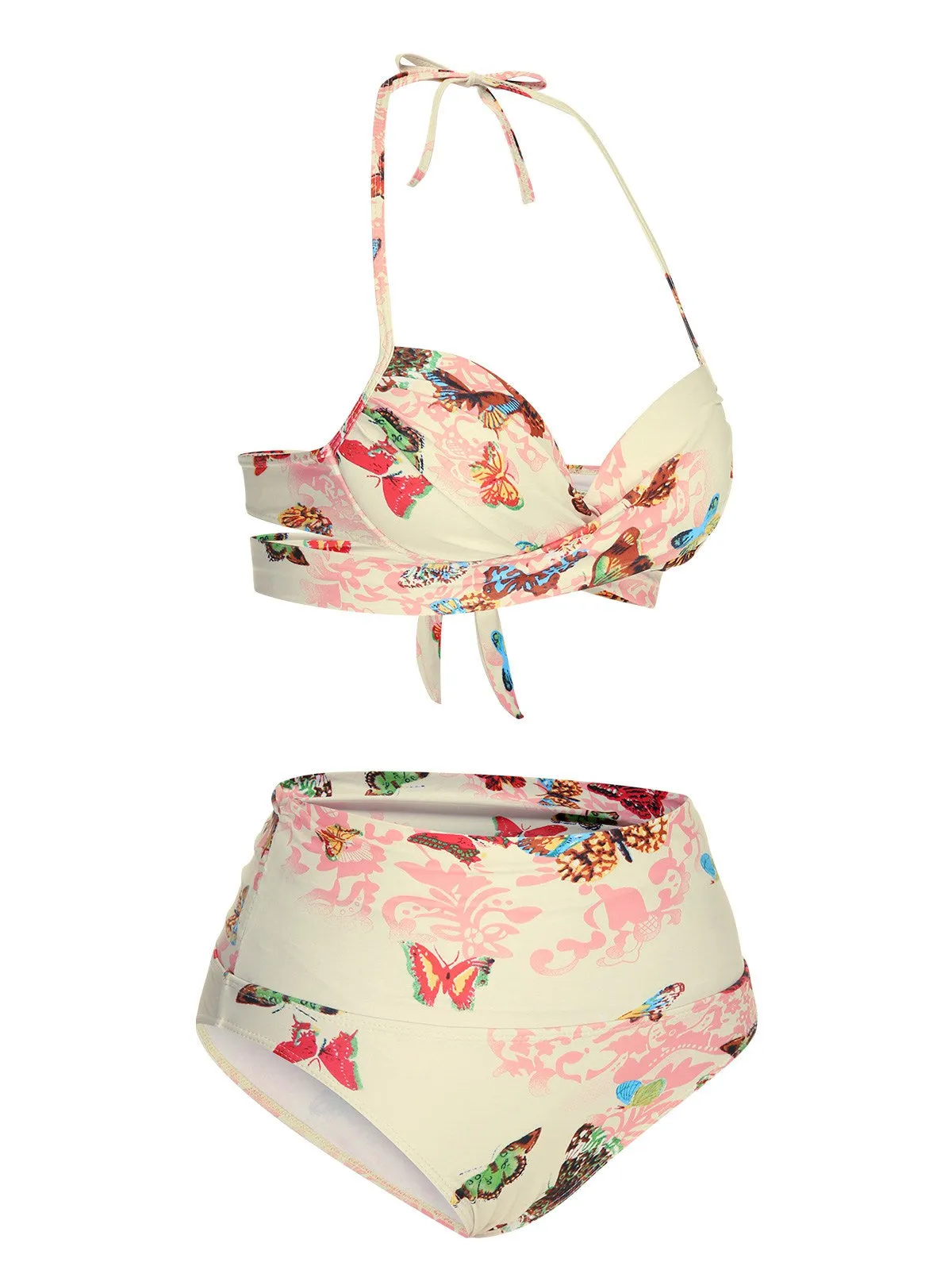 Pink 1940s Butterfly Back Lace Up Halter Swimsuit sold by Retro Stage product image thumbnail 2