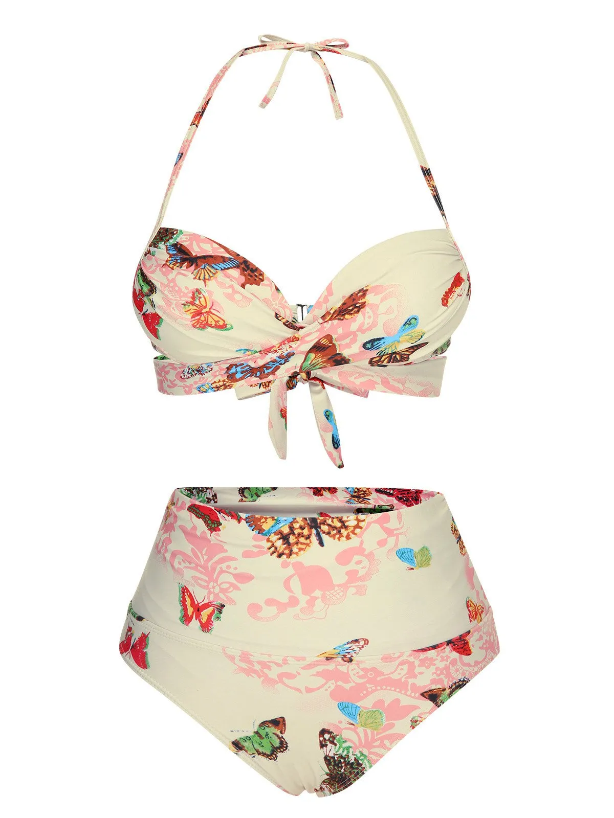 Pink 1940s Butterfly Back Lace Up Halter Swimsuit sold by Retro Stage