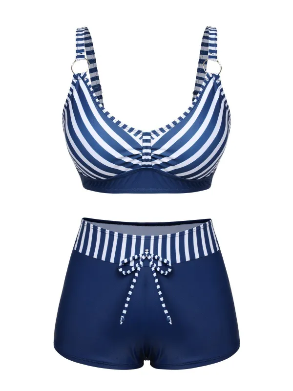 Dark Blue 1940s Stripes Strap Drawstring Swimsuit sold by Retro Stage