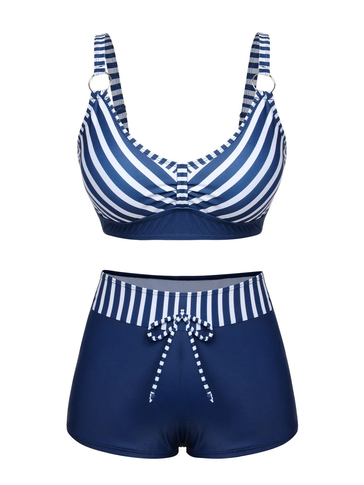 Dark Blue 1940s Stripes Strap Drawstring Swimsuit sold by Retro Stage