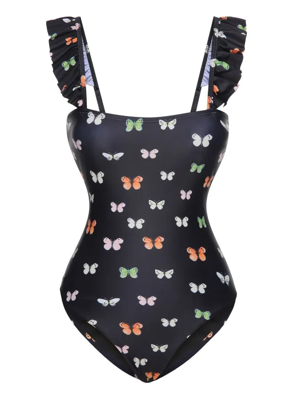 Black 1950s Butterfly Flare Sleeve One-Piece Swimsuit sold by Retro Stage