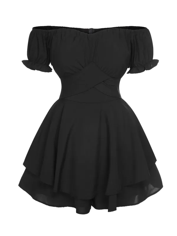 Black 1950s Off Shoulder Ruffle Sleeves Romper sold by Retro Stage