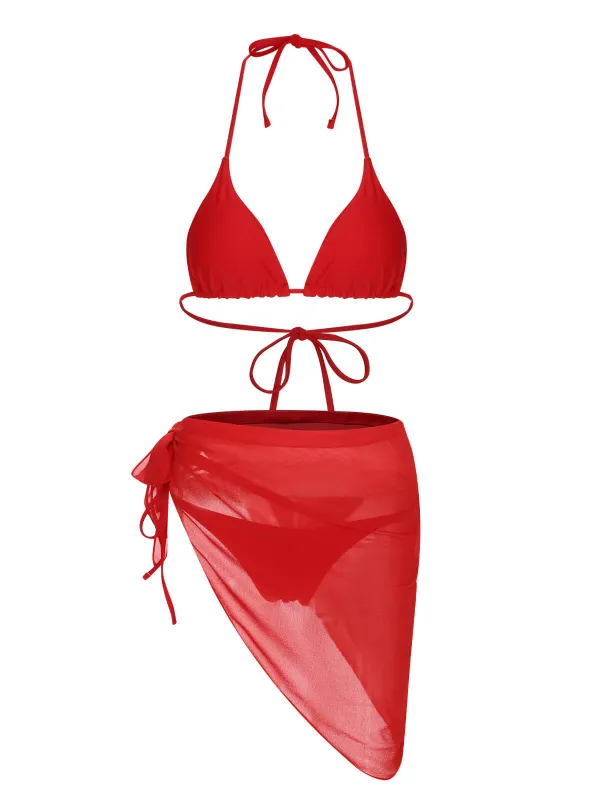 Red 1950s Solid Halter Bikini Set & Cover-Up sold by Retro Stage
