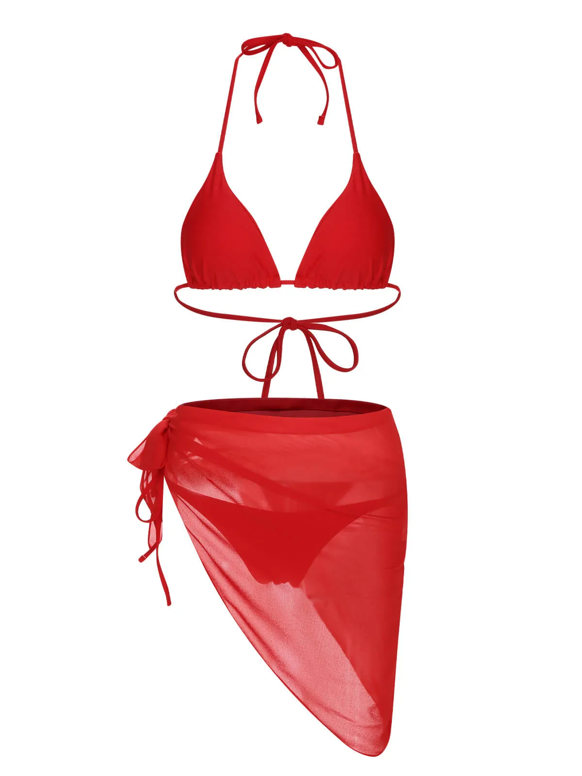 Red 1950s Solid Halter Bikini Set & Cover-Up sold by Retro Stage