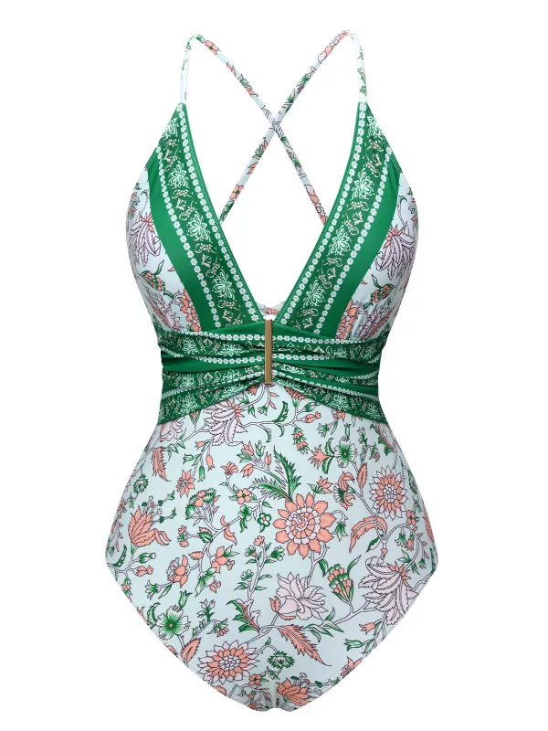 Green 1950s Floral Spaghetti Strap Swimsuit sold by Retro Stage