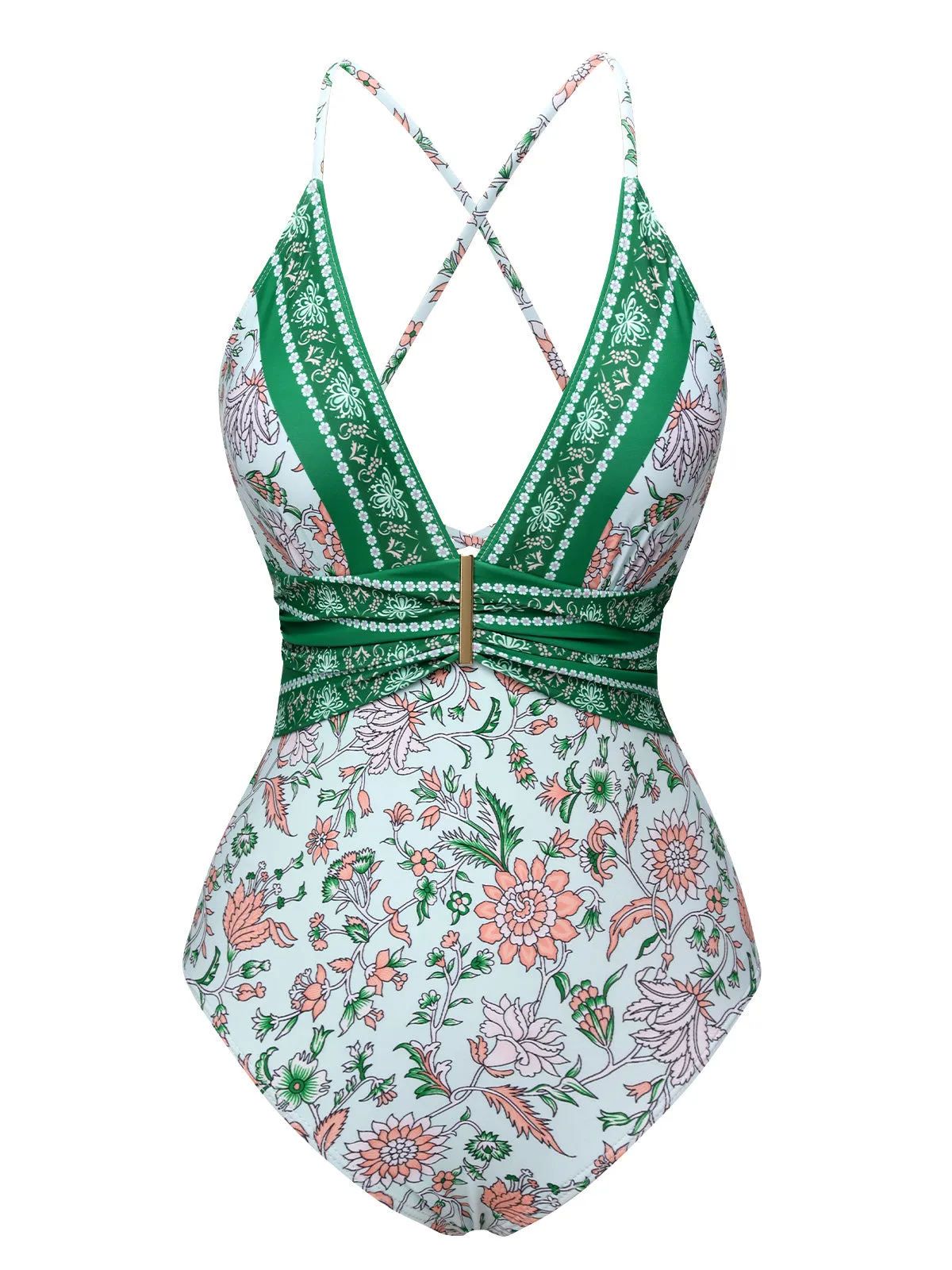 Green 1950s Floral Spaghetti Strap Swimsuit sold by Retro Stage