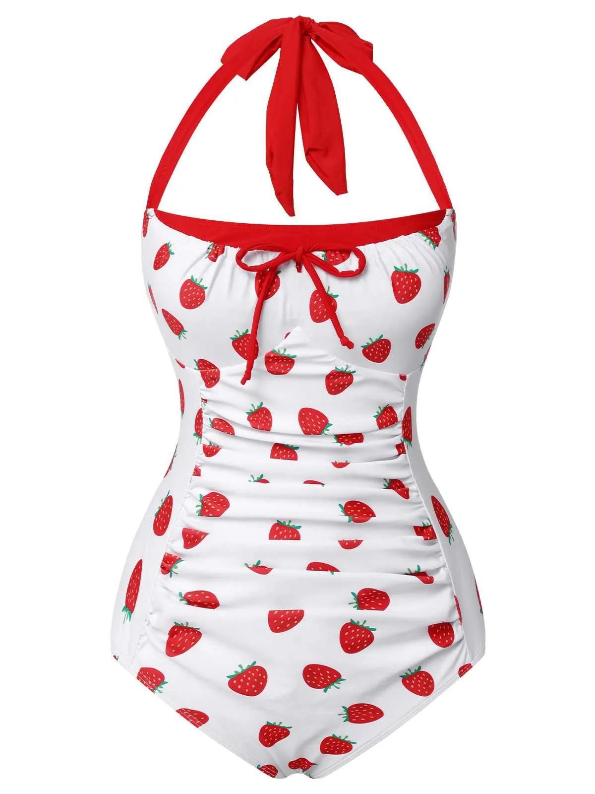 Red 1960s Halter Bow Strawberry One-Piece Swimsuit sold by Retro Stage product image thumbnail 2