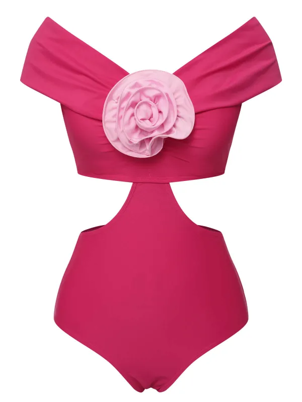 Rose Red 1930s 3D Rose Off Shoulder Swimsuit made by Retro Stage