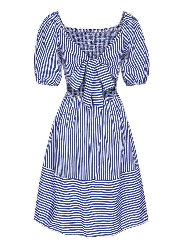 Blue 1950s Striped Raglan Square Neck Smocked Dress sold by Retro Stage