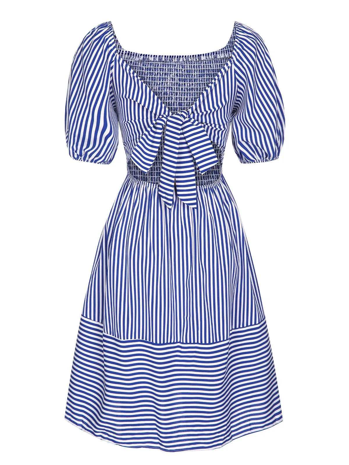 Blue 1950s Striped Raglan Square Neck Smocked Dress sold by Retro Stage