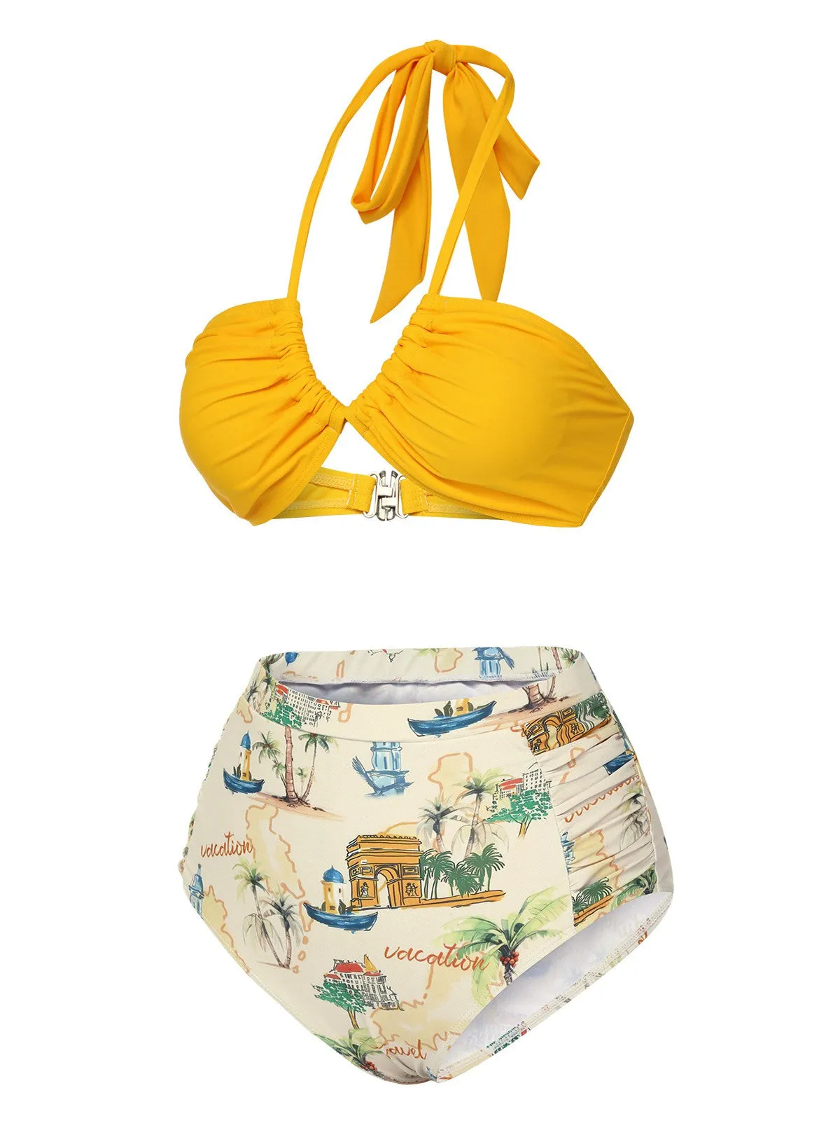 Yellow 1970s Retro Architectural Pattern Halter Swimsuit sold by Retro Stage product image thumbnail 3