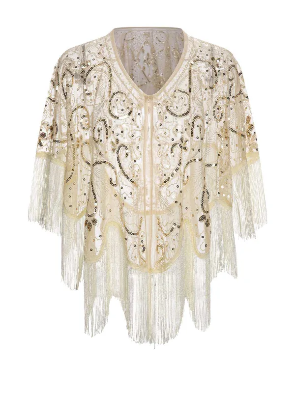Beige 1920s Sequin Embroidered Fringed Cape sold by Retro Stage