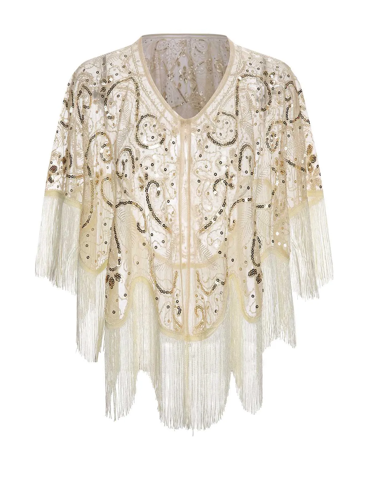 Beige 1920s Sequin Embroidered Fringed Cape sold by Retro Stage