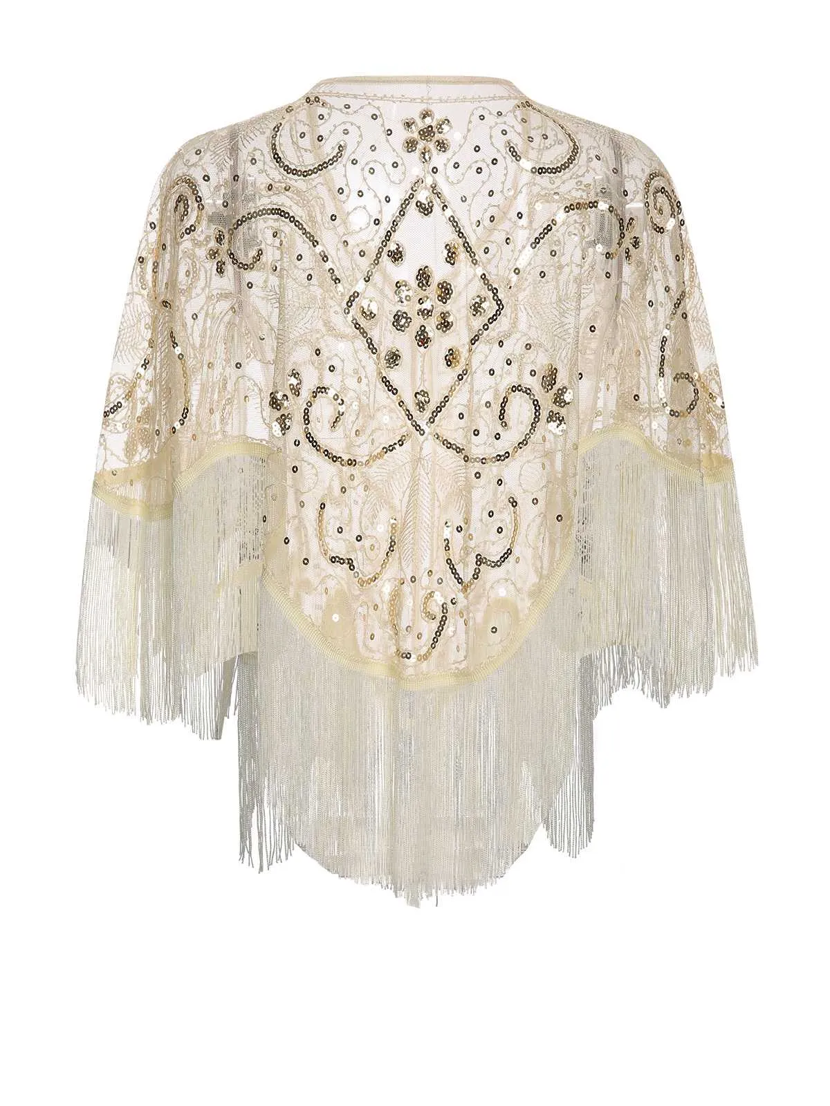 Beige 1920s Sequin Embroidered Fringed Cape sold by Retro Stage product image thumbnail 2