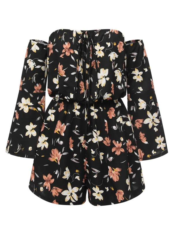 Black 1950s Off-Shoulder Floral Romper sold by Retro Stage