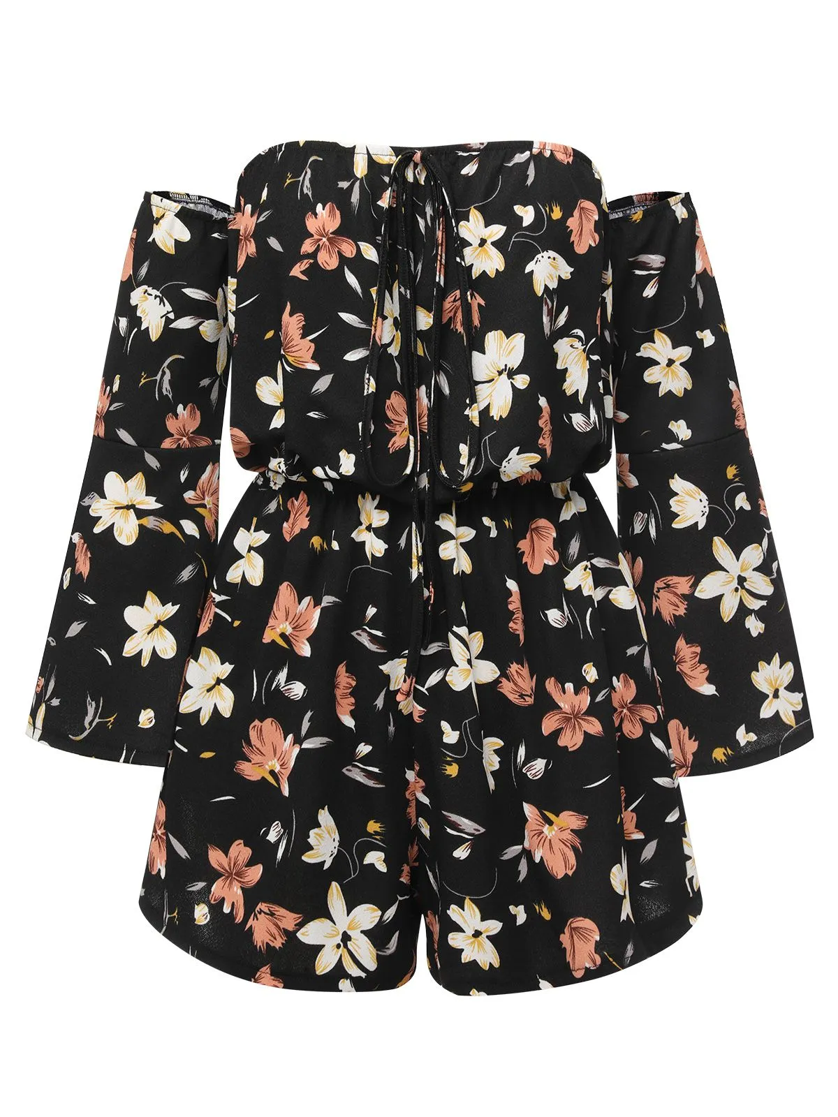 Black 1950s Off-Shoulder Floral Romper sold by Retro Stage