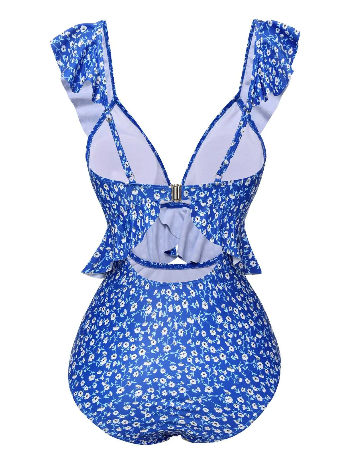 Blue 1950s Floral Ruffles One-Piece Swimsuit sold by Retro Stage product image thumbnail 3