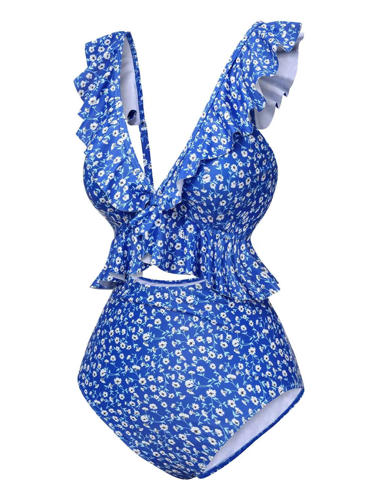 Blue 1950s Floral Ruffles One-Piece Swimsuit sold by Retro Stage product image thumbnail 2
