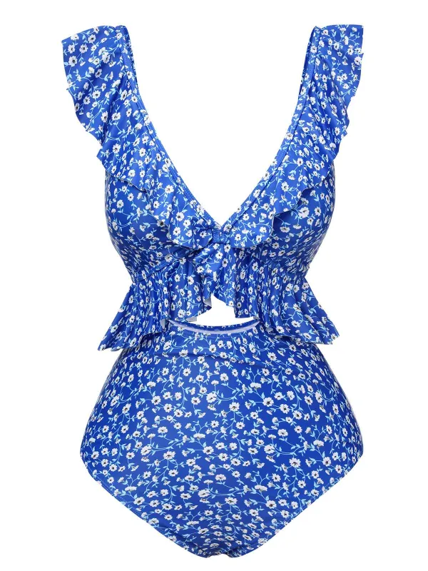 Blue 1950s Floral Ruffles One-Piece Swimsuit sold by Retro Stage