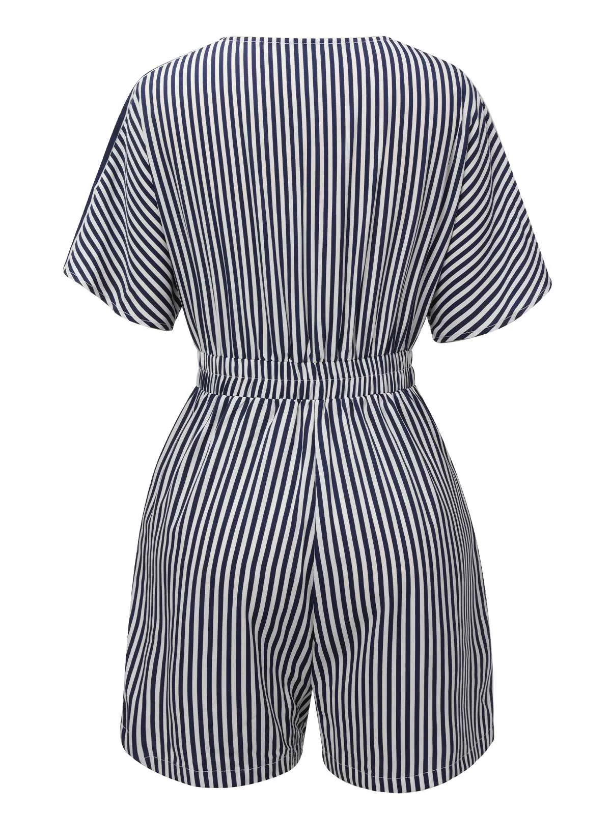 Dark Blue 1950s V-Neck Pockets Stripes Romper sold by Retro Stage product image thumbnail 3