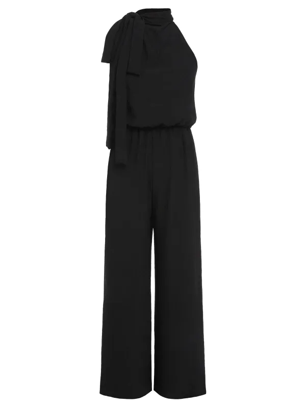 Black 1930s Solid Stand Collar Tie-Up Jumpsuit sold by Retro Stage