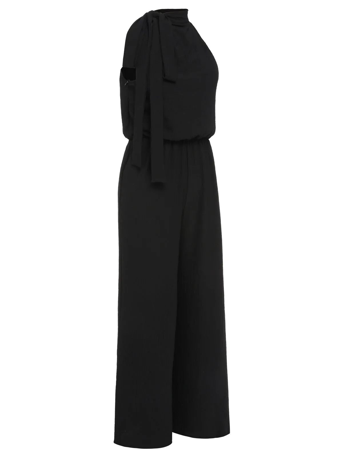 Black 1930s Solid Stand Collar Tie-Up Jumpsuit sold by Retro Stage product image thumbnail 2