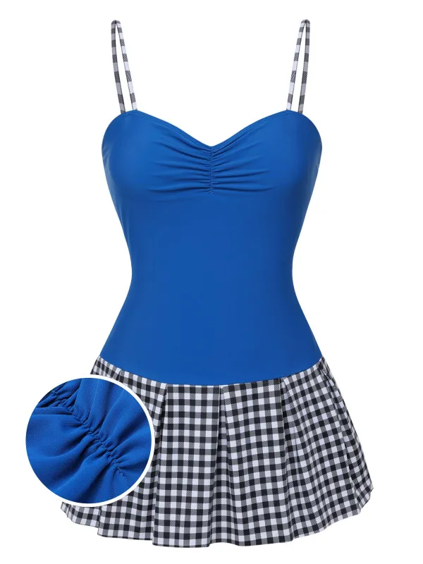 Blue 1960s Plaid Patchwork Strap Swimsuit sold by Retro Stage