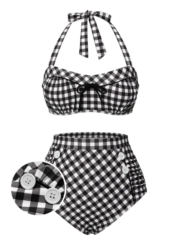 Black 1940s Plaid Halter Swimsuit sold by Retro Stage