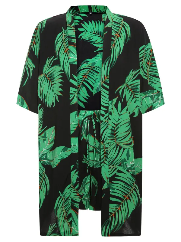 2PCS Green 1980s Palm Leaves Tropical Top & Shorts sold by Retro Stage