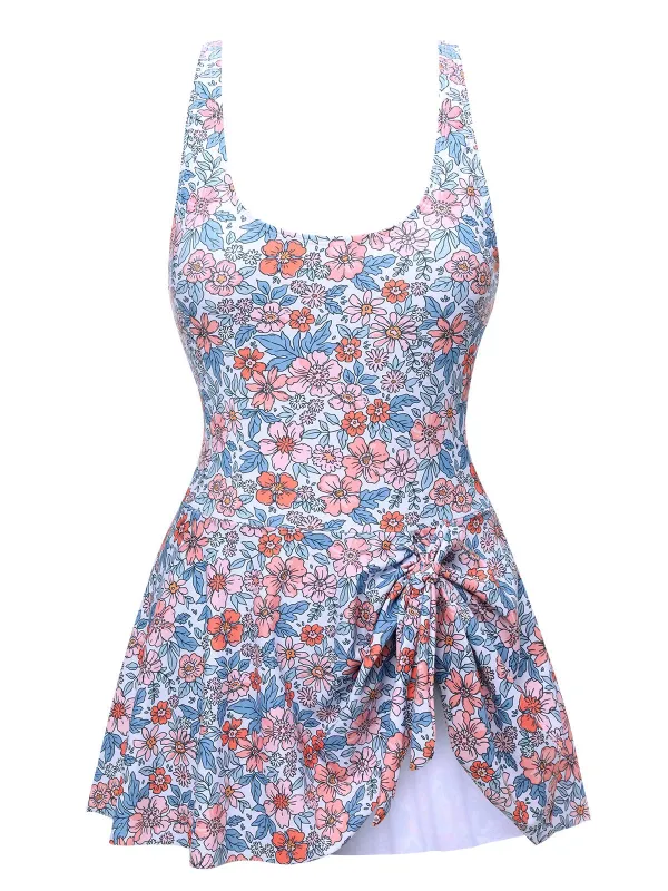 1950s Floral Knot Wide Strap Skirt Swimsuit sold by Retro Stage