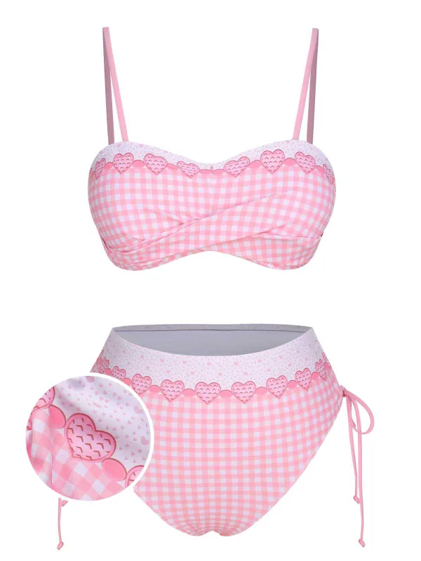 Pink 1950s Spaghetti Strap Heart Plaids Swimsuit sold by Retro Stage